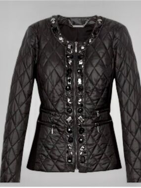 White House Black Market Black Quilted Puffer Jacket with Jeweled Trim